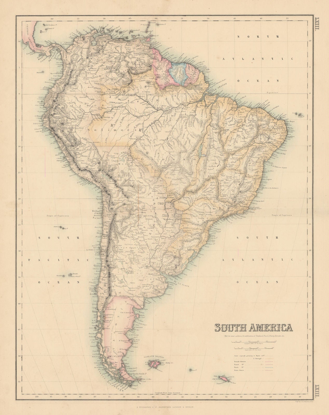 South America by SWANSTON / FULLARTON. Patagonia Guianas c1863 old antique map
